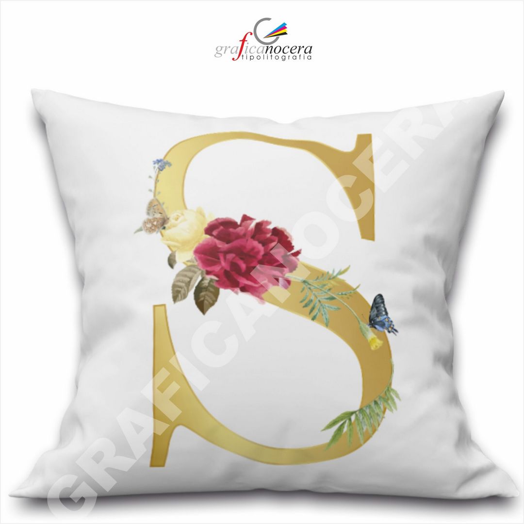 Cuscino Quadrato Personalizzato con iniziale oro nome fiori decoro casa arredo - Retro Bianco - 40cm X 40cm