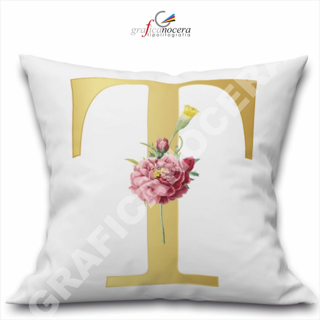 Cuscino Quadrato Personalizzato con iniziale oro nome fiori decoro casa arredo - Retro Bianco - 40cm X 40cm