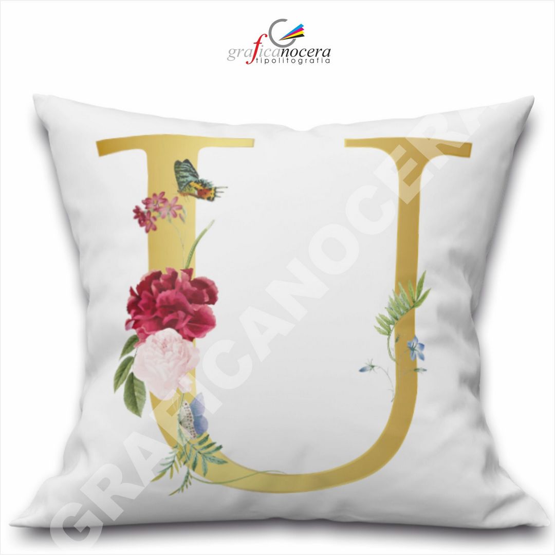 Cuscino Quadrato Personalizzato con iniziale oro nome fiori decoro casa arredo - Retro Bianco - 40cm X 40cm