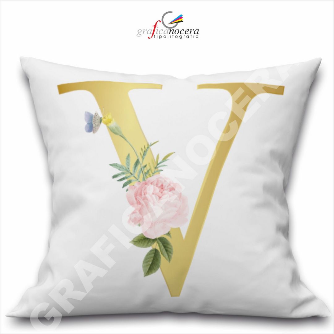 Cuscino Quadrato Personalizzato con iniziale oro nome fiori decoro casa arredo - Retro Bianco - 40cm X 40cm