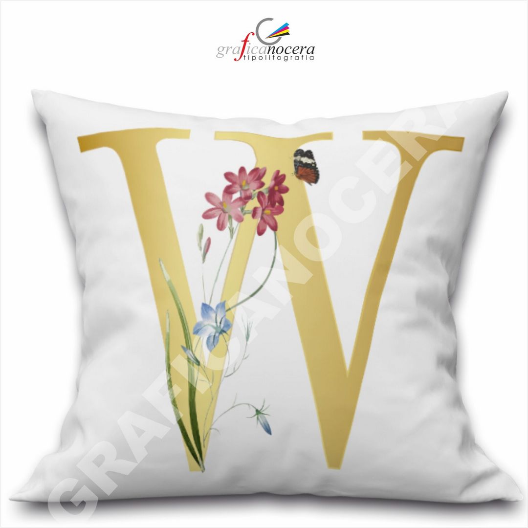 Cuscino Quadrato Personalizzato con iniziale oro nome fiori decoro casa arredo - Retro Bianco - 40cm X 40cm