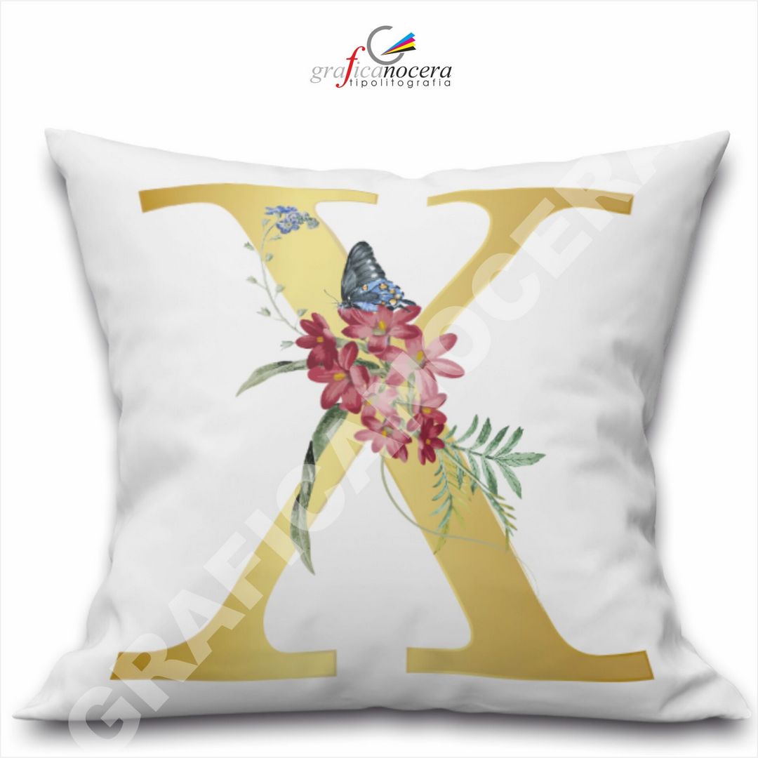 Cuscino Quadrato Personalizzato con iniziale oro nome fiori decoro casa arredo - Retro Bianco - 40cm X 40cm