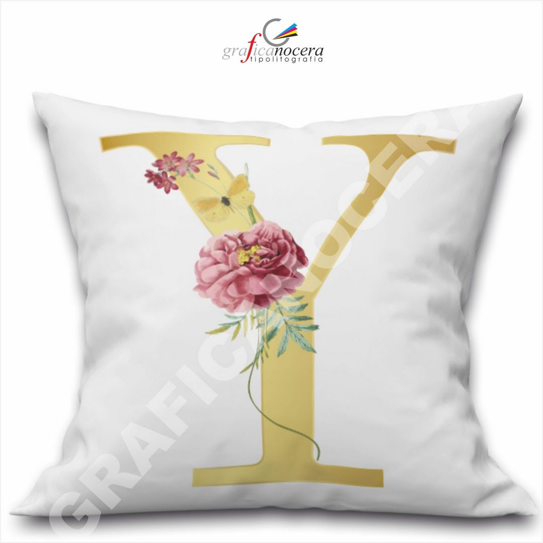 Cuscino Quadrato Personalizzato con iniziale oro nome fiori decoro casa arredo - Retro Bianco - 40cm X 40cm