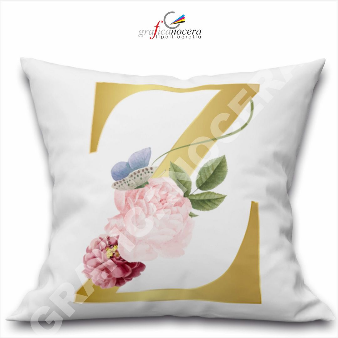 Cuscino Quadrato Personalizzato con iniziale oro nome fiori decoro casa arredo - Retro Bianco - 40cm X 40cm