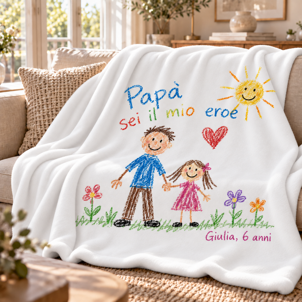 Plaid Personalizzato con Disegno del Bambino – Coperta in Pile con Dedica, Nome e Disegno