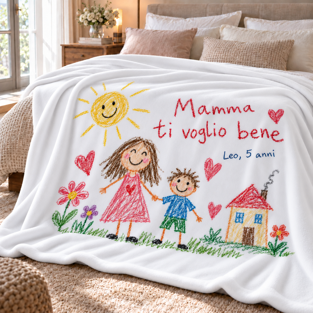 Plaid Personalizzato con Disegno del Bambino – Coperta in Pile con Dedica, Nome e Disegno