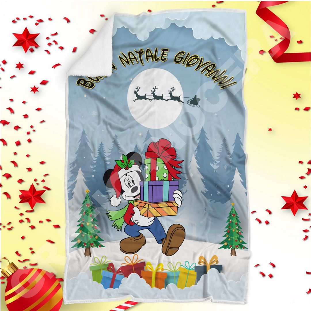 Plaid Natalizio mod. 11 personalizzato con Nome Topolino Bambino coperta calda biancheria letto idea regalo natale