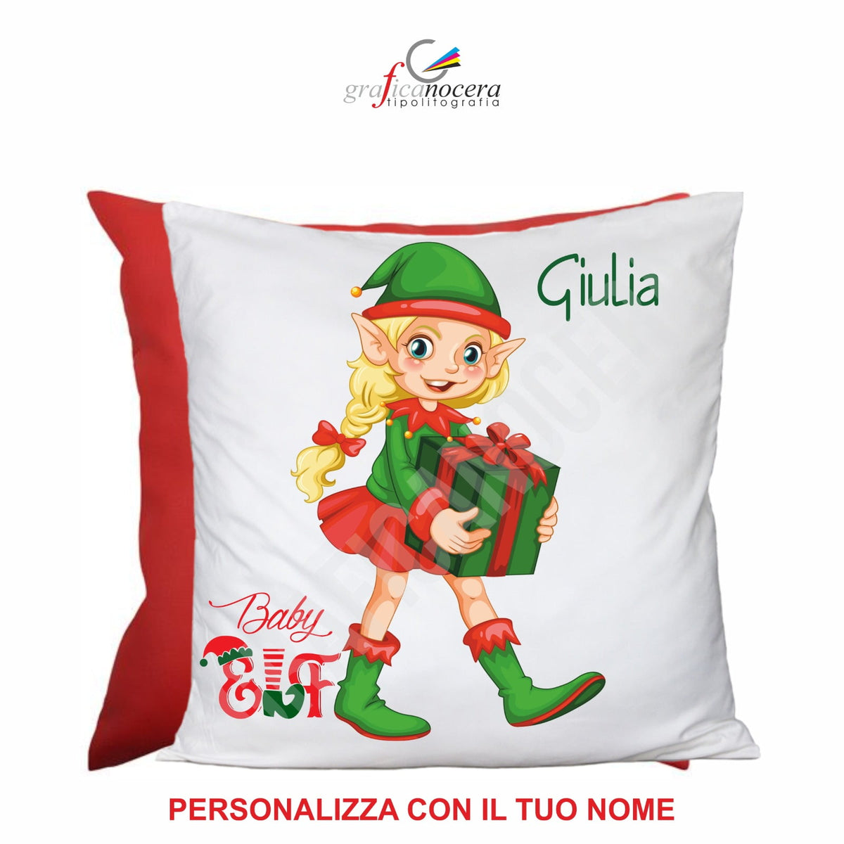 Cuscino Quadrato di Natale Baby Elf con nome personalizzato idea regalo natale
