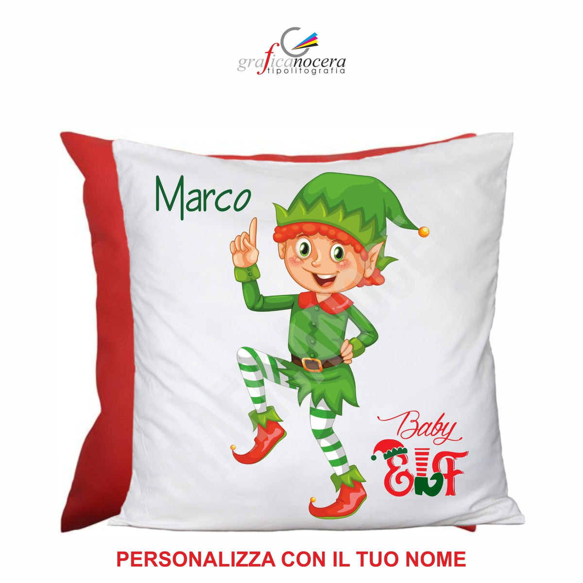 Cuscino Quadrato di Natale Baby Elf con nome personalizzato idea regalo natale