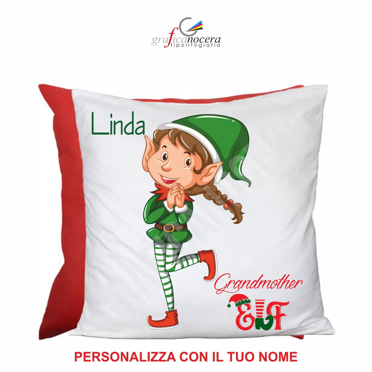 Cuscino Quadrato di Natale Grandmother Elf con nome personalizzato idea regalo