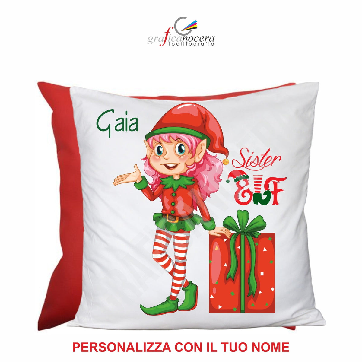 Cuscino Quadrato di Natale Sister Elf con nome personalizzato idea regalo natale