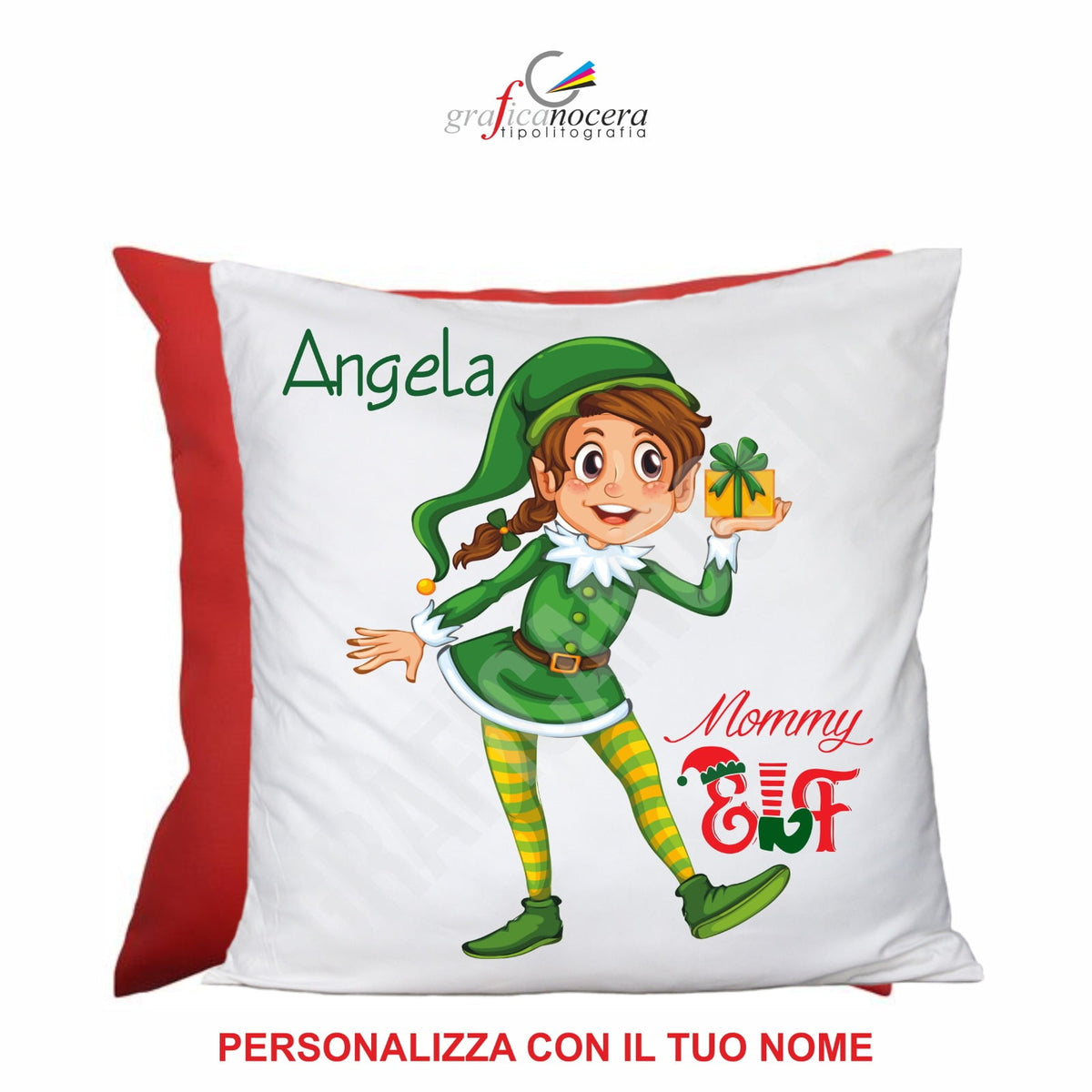 Cuscino Quadrato di Natale Mommy Elf con nome personalizzato idea regalo natale