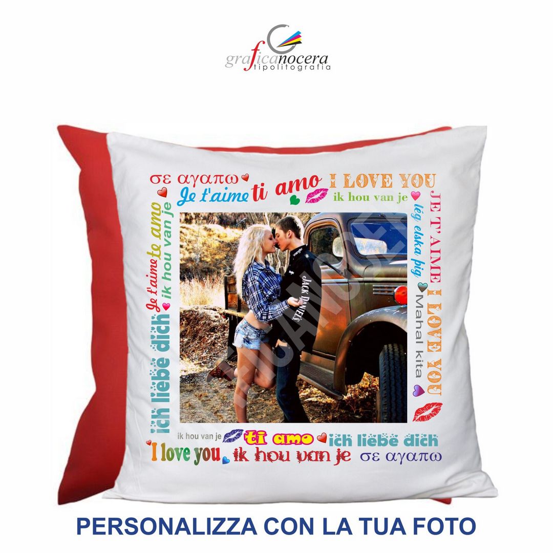 Cuscino Quadrato San Valentino Ti amo in tutte le lingue con Foto Personalizzata