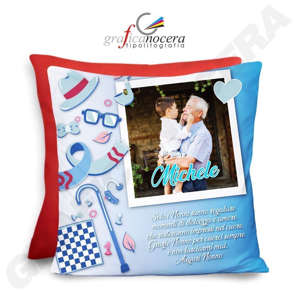 FESTA DEI NONNI Cuscino Quadrato arredo Personalizzato con Foto e Nome Auguri Nonno