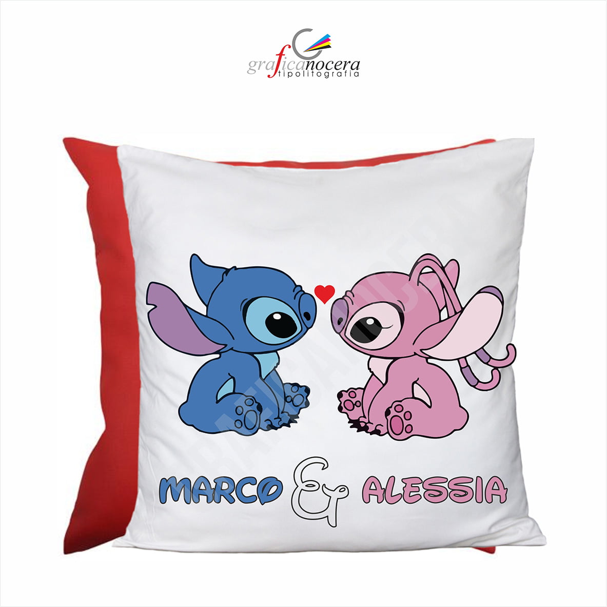 Cuscino Quadrato 40cm X 40cm Stitch e Angel con Nomi Personalizzati idea regalo