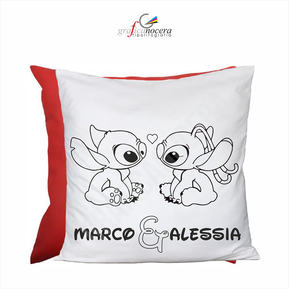 Cuscino Quadrato 40cm X 40cm Stitch e Angel B con Nomi Personalizzati idea regalo
