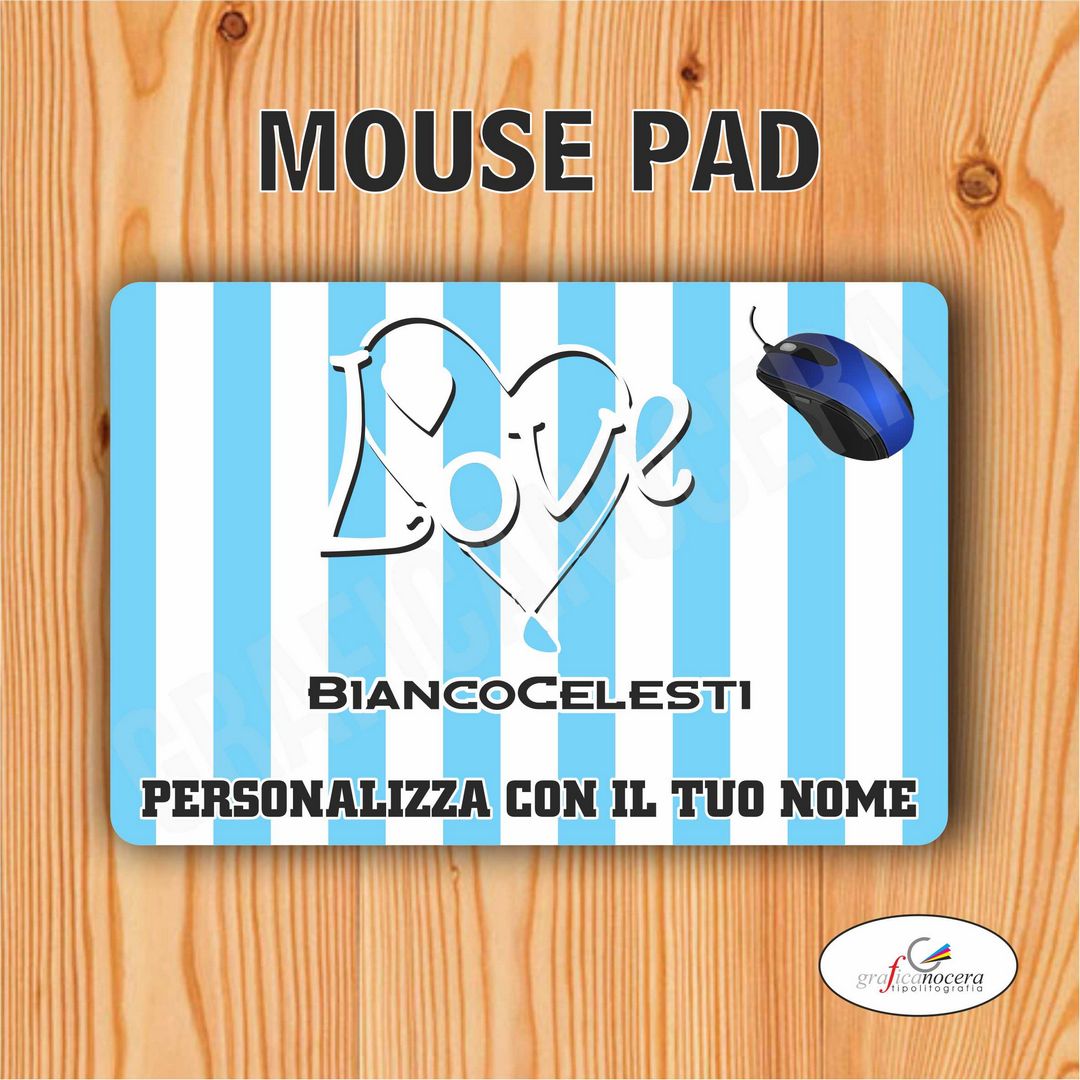 Tappetino Mouse Pad Bianco Celesti squadra del cuore con nome Personalizzato