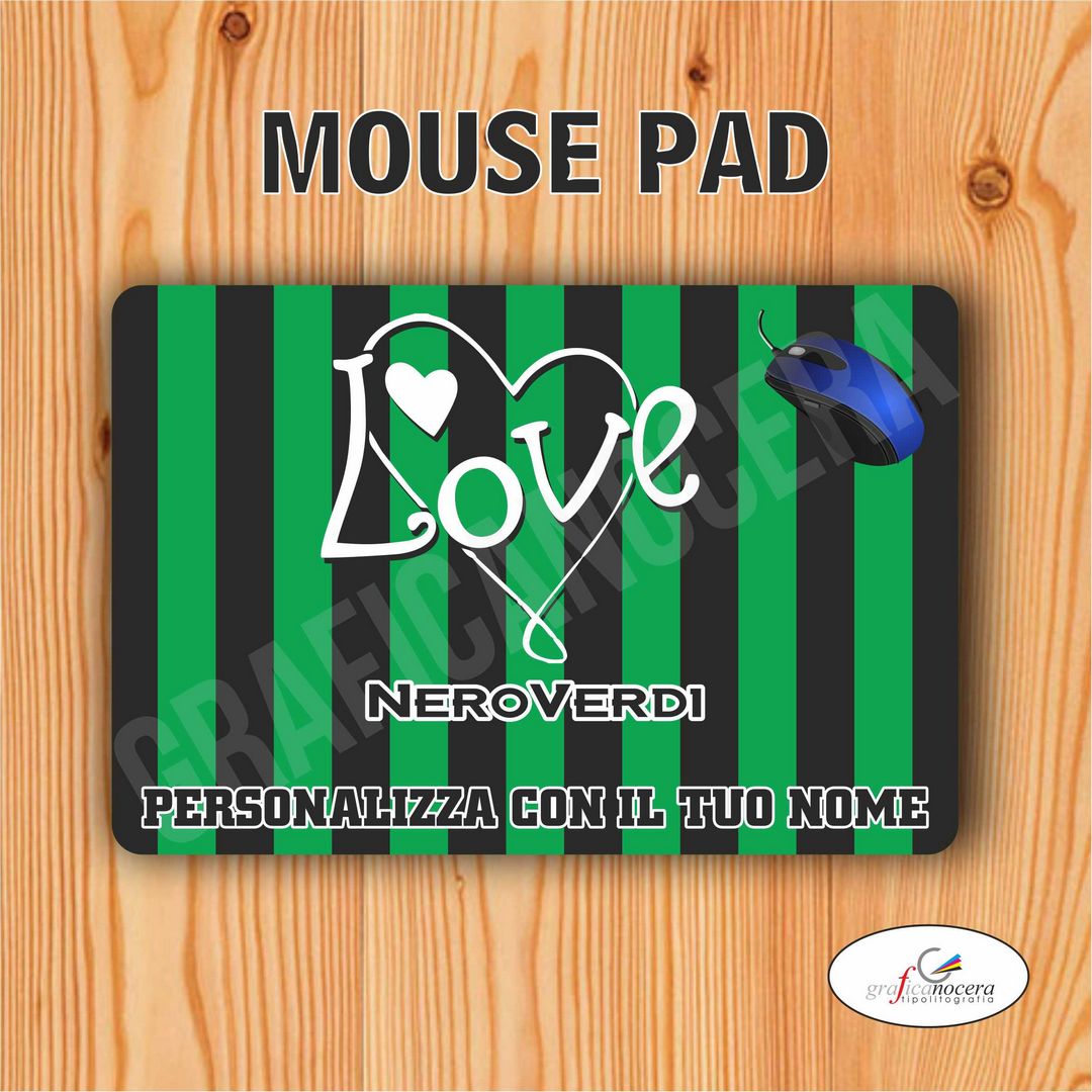 Tappetino Mouse Pad Nero Verdi squadra del cuore  con nome Personalizzato
