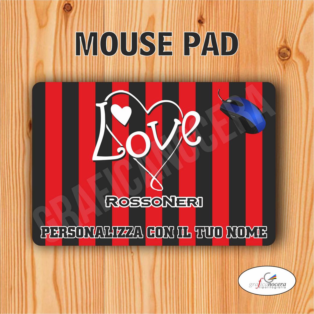 Tappetino Mouse Pad Rosso Neri squadra del cuore con nome Personalizzato
