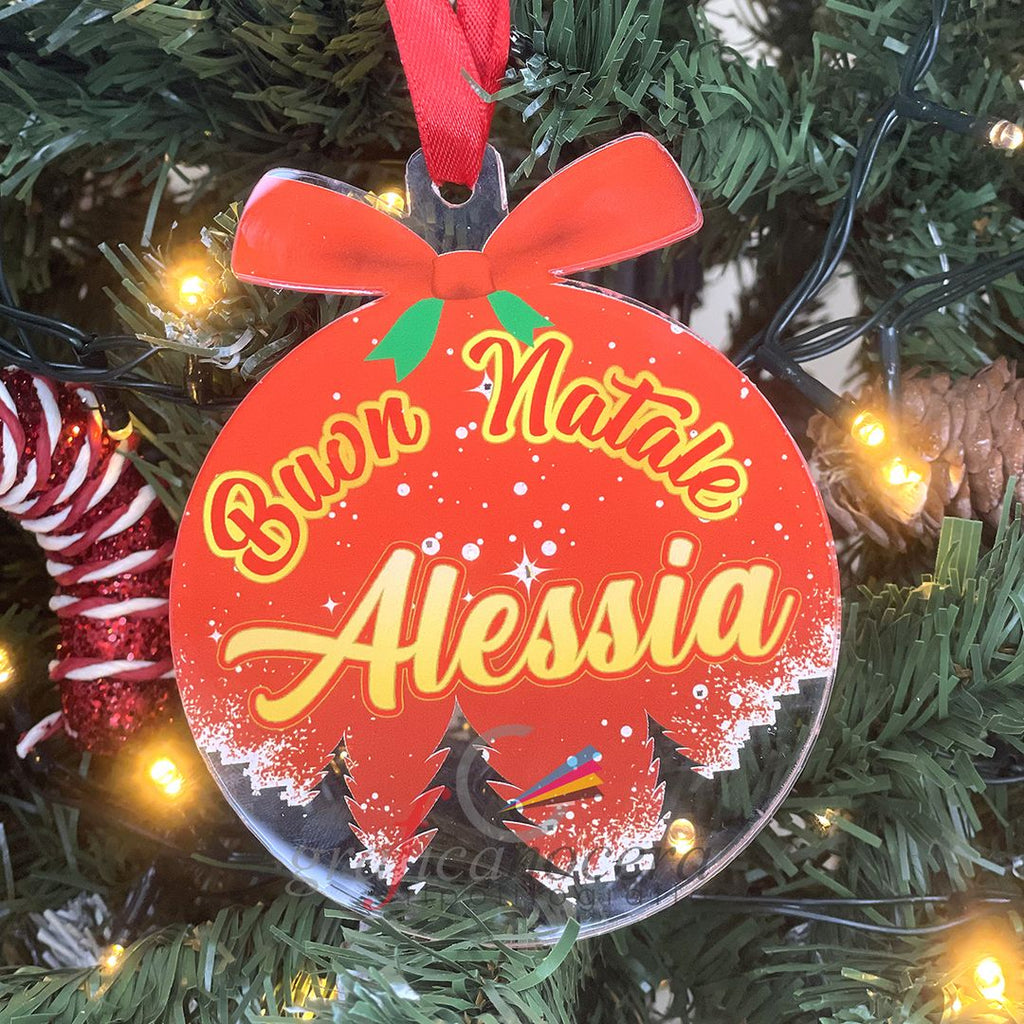 Pallina personalizzata Buon Natale, con Fiocco in Plexiglass, diametro 10cm