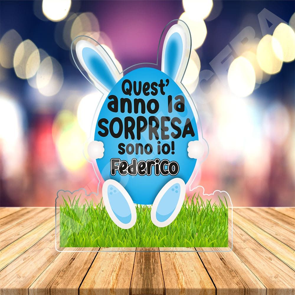 Pasqua Cornice in Plexiglass a forma di Uovo Azzurro Quest'anno la Sorpresa sono Io con Nome Personalizzato idea regalo