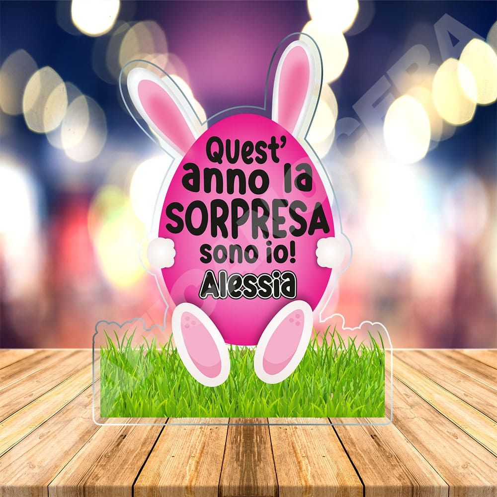 Pasqua Cornice in Plexiglass a forma di Uovo Fuxia Quest'anno la Sorpresa sono Io con Nome Personalizzato idea regalo