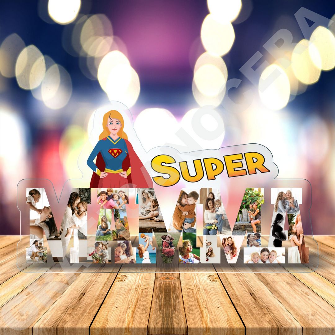 Festa della Mamma Plexiglass SUPER MAMMA con foto personalizzata 30cm
