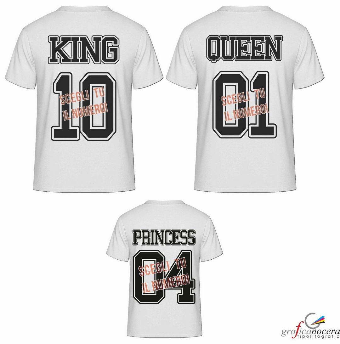 TRIS DI SHIRT KING QUEEN PRINCESS CON NUMERO A SCELTA LOVE FAMILY ADULTO BAMBINA
