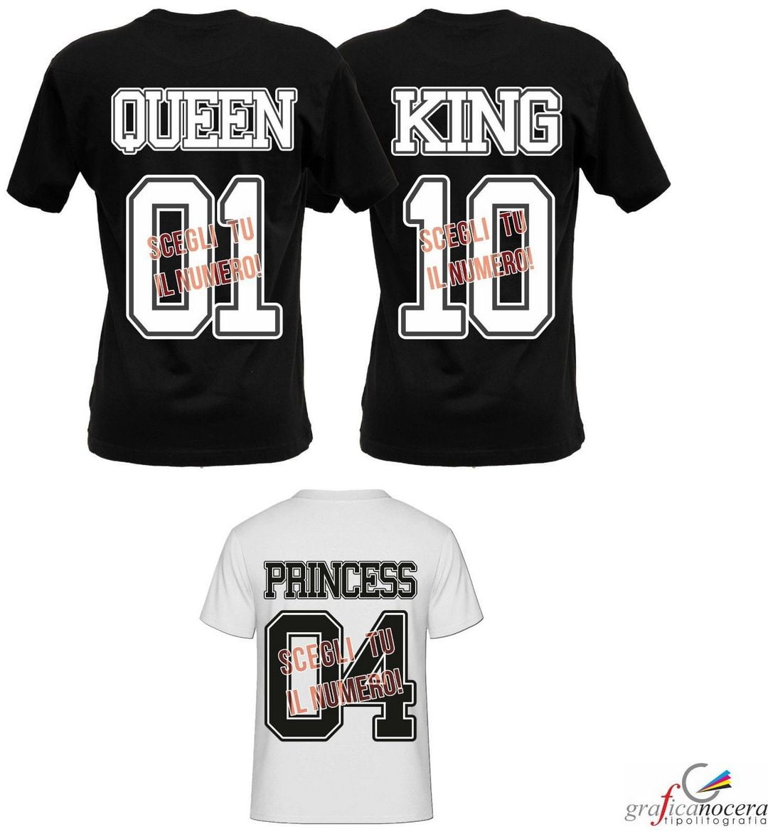 TRIS DI SHIRT KING QUEEN PRINCESS CON NUMERO A SCELTA LOVE FAMILY ADULTO BAMBINA