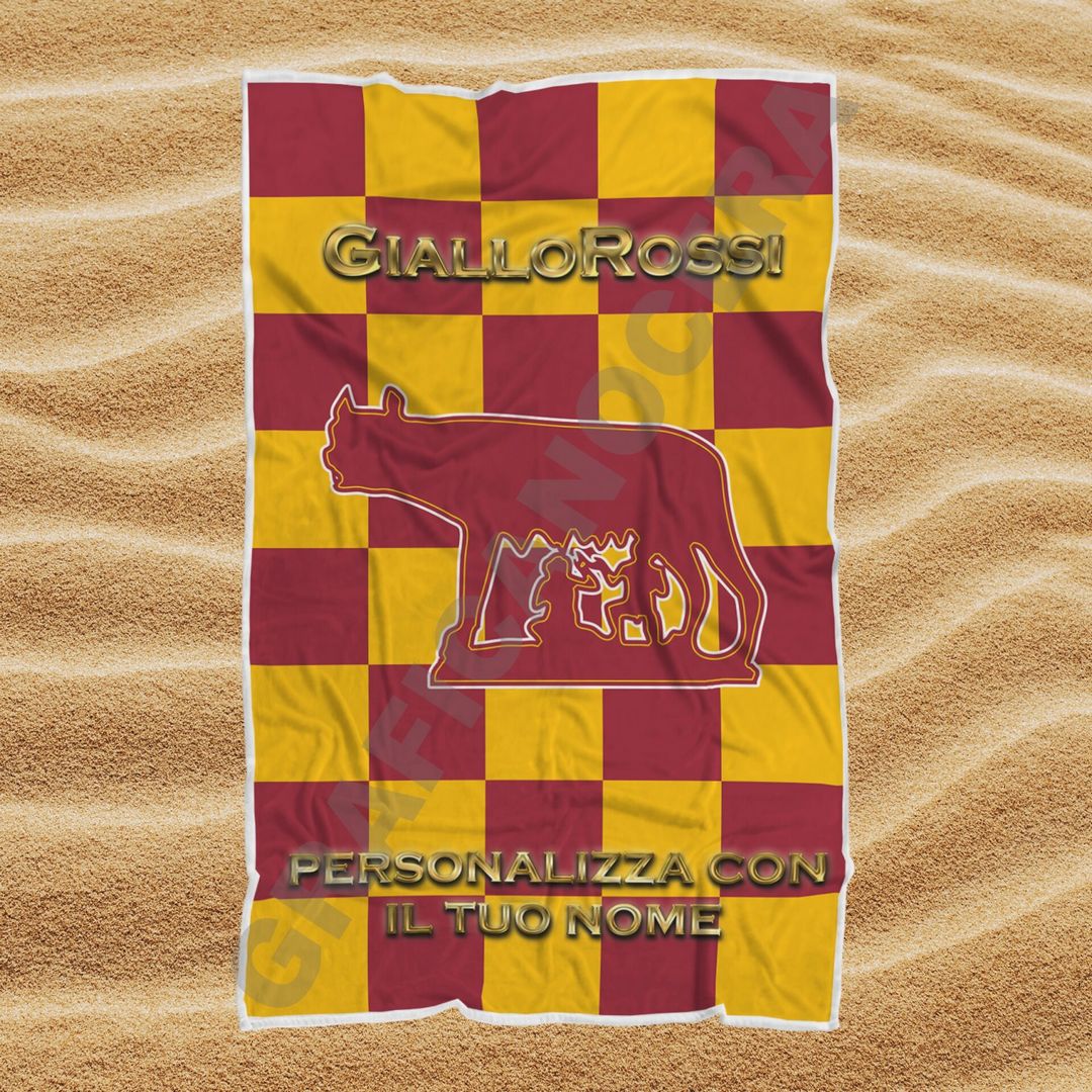 Asciugamano Telo Mare Roma Lupacchiotti GialloRossi squadra del cuore con Nome Personalizzato idea regalo