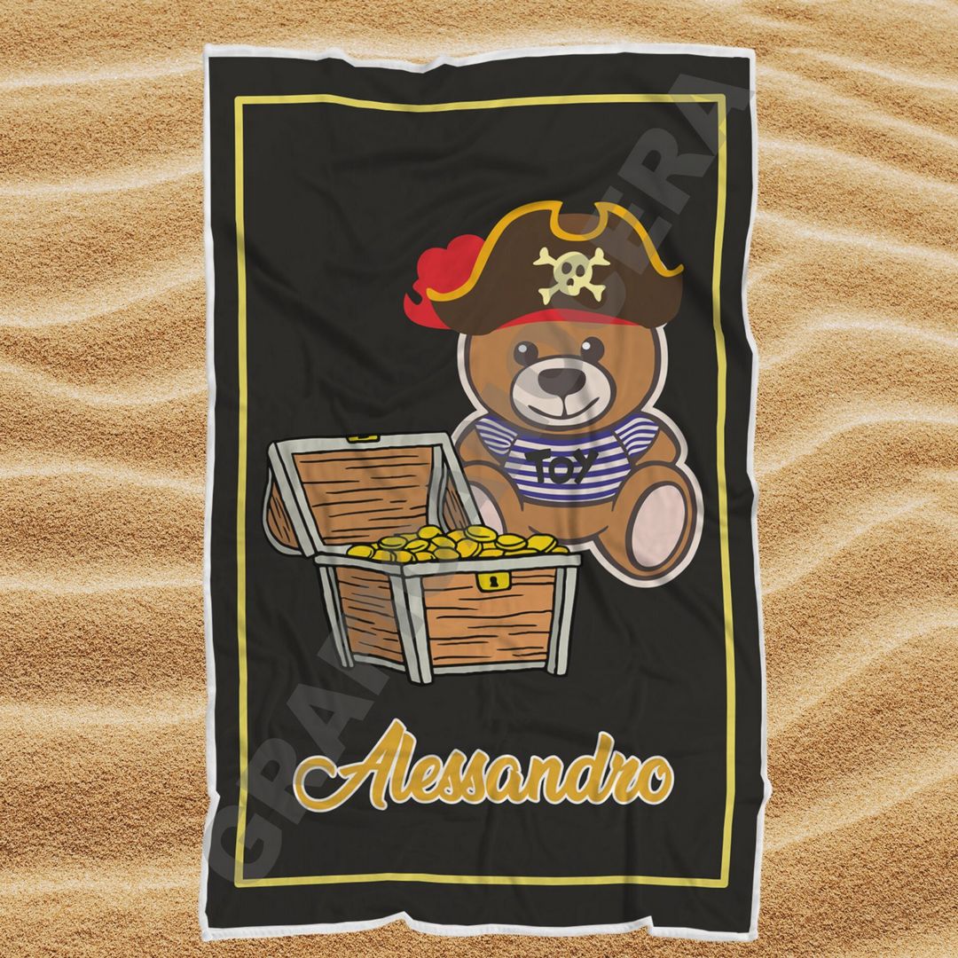 Asciugamano Telo Mare Orsacchiotto Pirata unisex con Nome Personalizzato idea regalo bambino/a