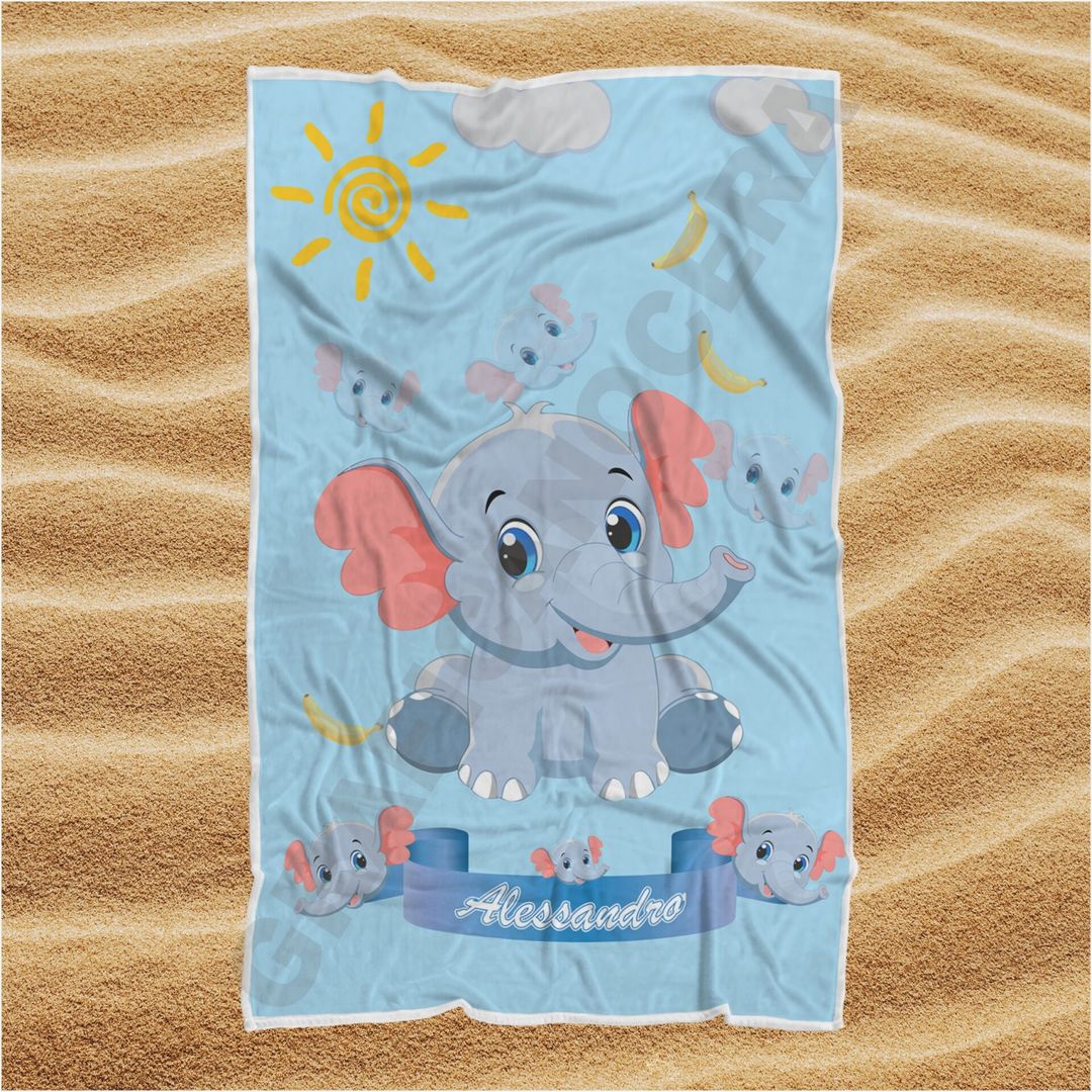 Asciugamano Telo Mare Elefante con Nome Personalizzato idea regalo bambino
